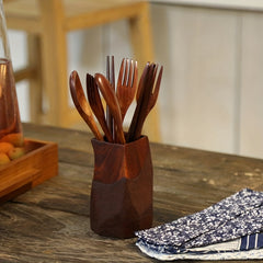 Japanese Style Wooden Flatware Set with Retro Cloth Pouch