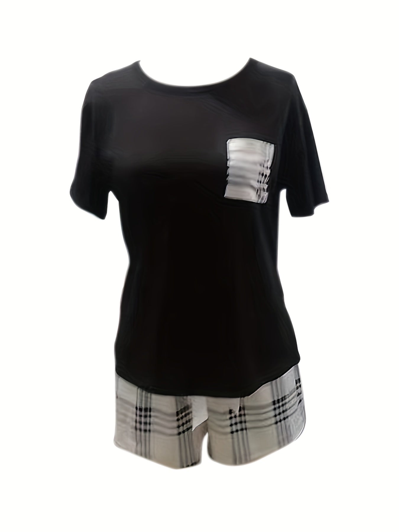 Plaid Print Pajama Set Short Sleeve Top & Bow Shorts