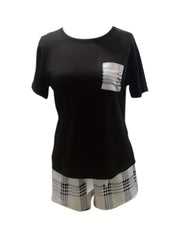 Plaid Print Pajama Set Short Sleeve Top & Bow Shorts