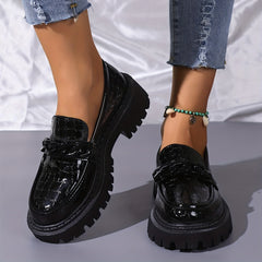 Women's Platform Loafers Round Toe Chain Decor Patent Leather Shoes