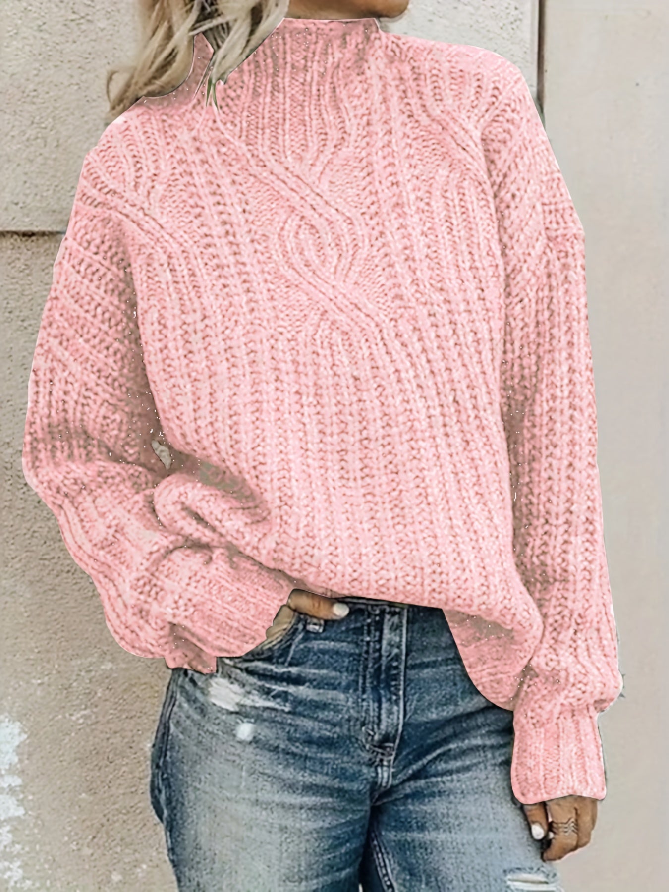 Plaid Cable Knit Sweater Long Sleeve Turtle Neck Pullover