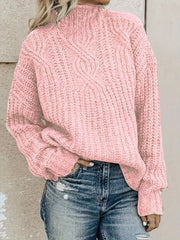 Plaid Cable Knit Sweater Long Sleeve Turtle Neck Pullover