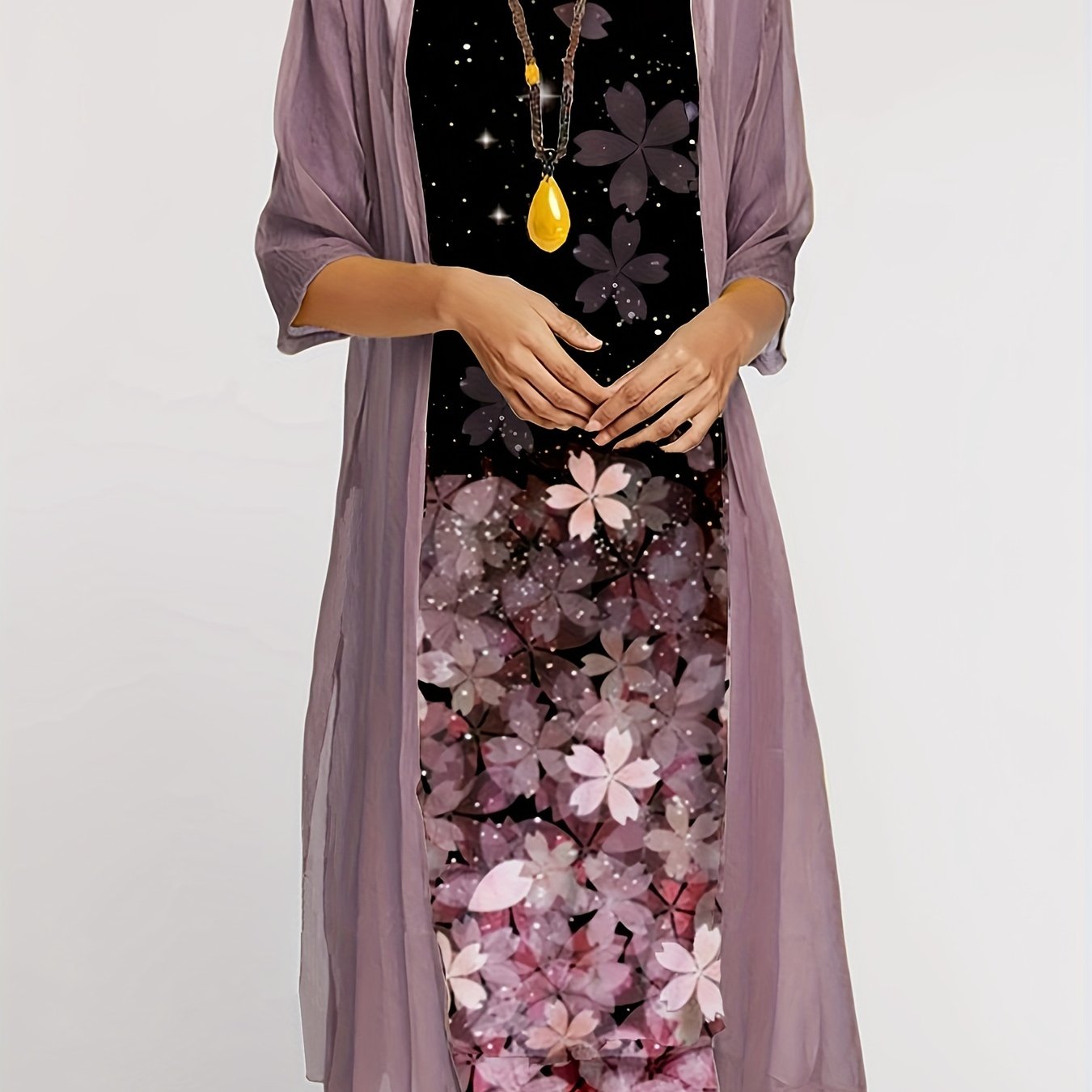 Print Long Dress & Sleeve Cardigan Outfits for W