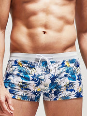 Men's Plants Print Drawstring Block Briefs for Beach Surfing