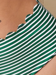 Floral Trim Stripped Bikini Set High Stretch 2pcs