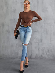 Solid Twist Front Long Sleeve Bodysuit Women's Clothing