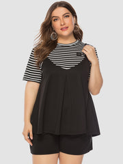 Colorblock Strip Print T-shirt & Shorts Set Plus Size Women's 2pcs Set