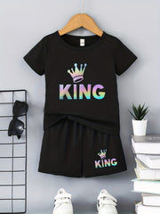 2pcs Boys Casual KING Crown Graphic Print T-shirt & Shorts Set