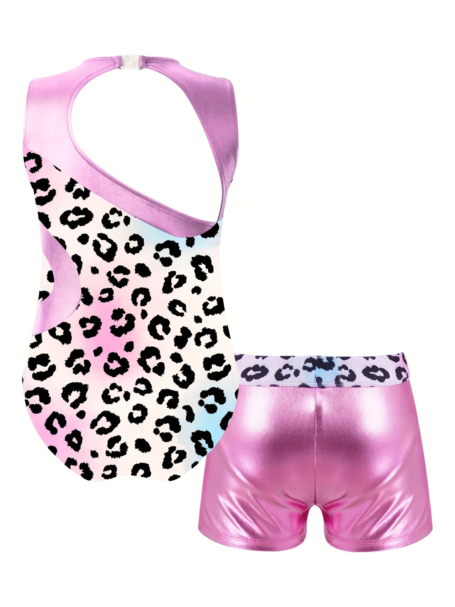 Leopard Print Gymnastics Outfit Set Sleeveless Romper Top Shorts