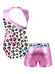 Leopard Print Gymnastics Outfit Set Sleeveless Romper Top Shorts