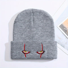 Horror Clown Eyes Cartoon Embroidery Knitted Hat with Woolen Cover