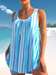 Striped Tankini Set Knot Front Tank Top & Shorts Swimsuit