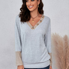 Women's V-Neck Block Sweatshirt Loose Pullover
