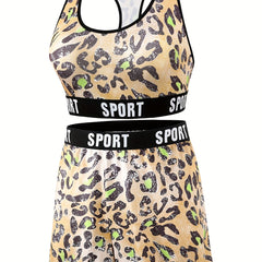 Plus Size Leopard Print Sports Bra & Boy Shorts Set