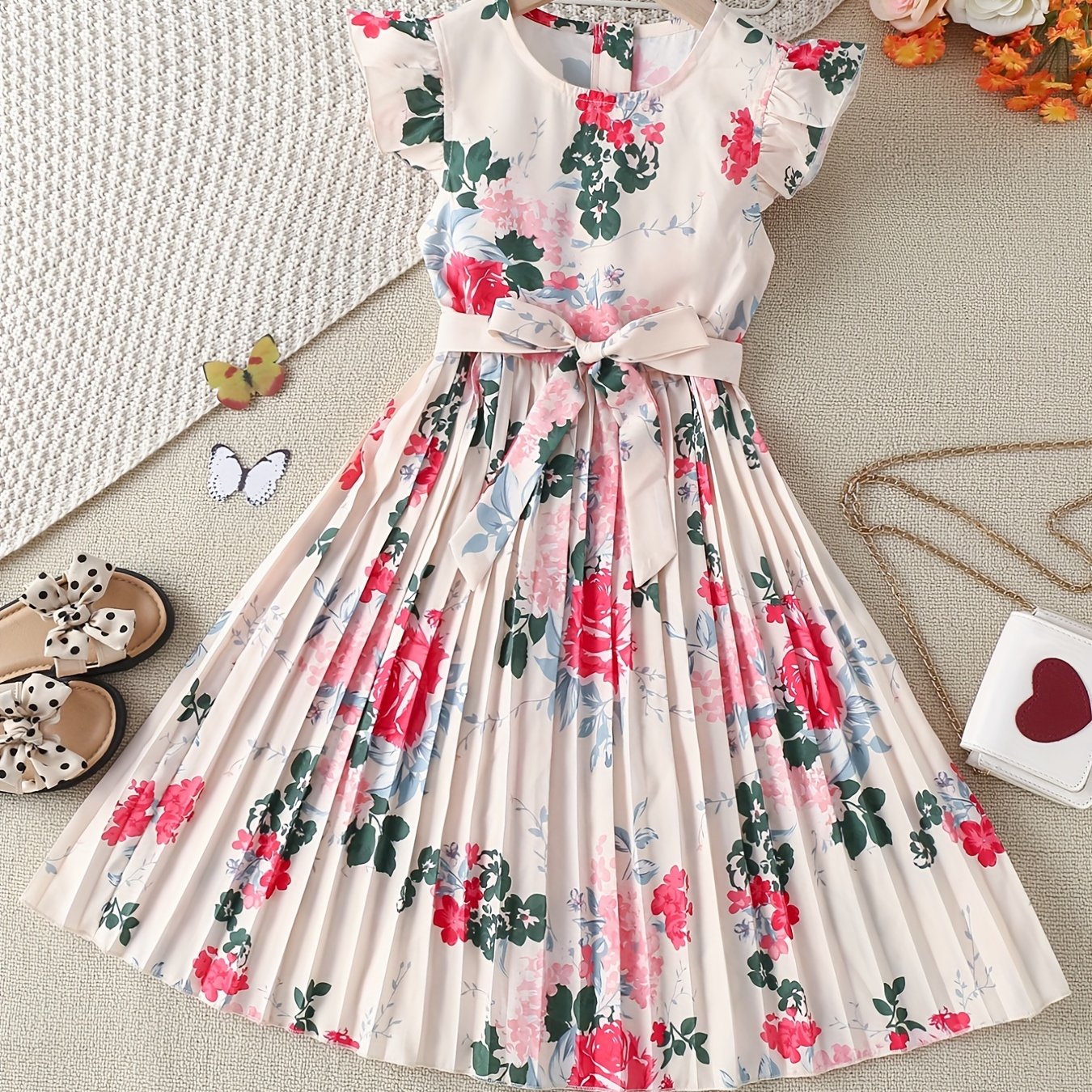 Girls' Boho Floral Pleated Casual Dress Fly Sleeve