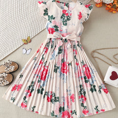 Girls' Boho Floral Pleated Casual Dress Fly Sleeve