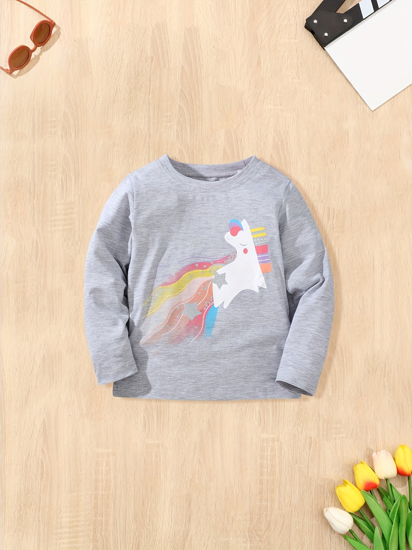 Cotton Unicorn Graphic Long Sleeve Crew Neck T shirt For Spring