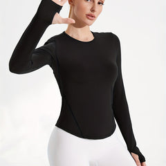 Women Basic Long Sleeve Solid Crew Neck Crop Tops