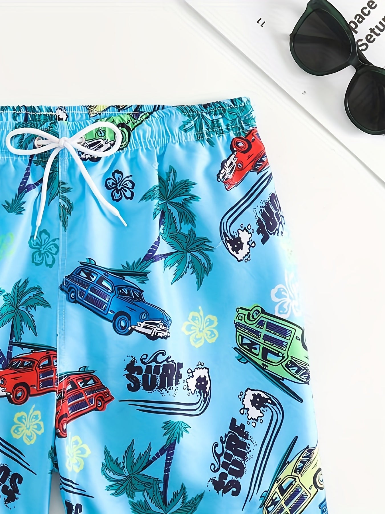 Quick Dry Drawstring Swim Trunks Men's Cars & Coconut Tree Beach Pants
