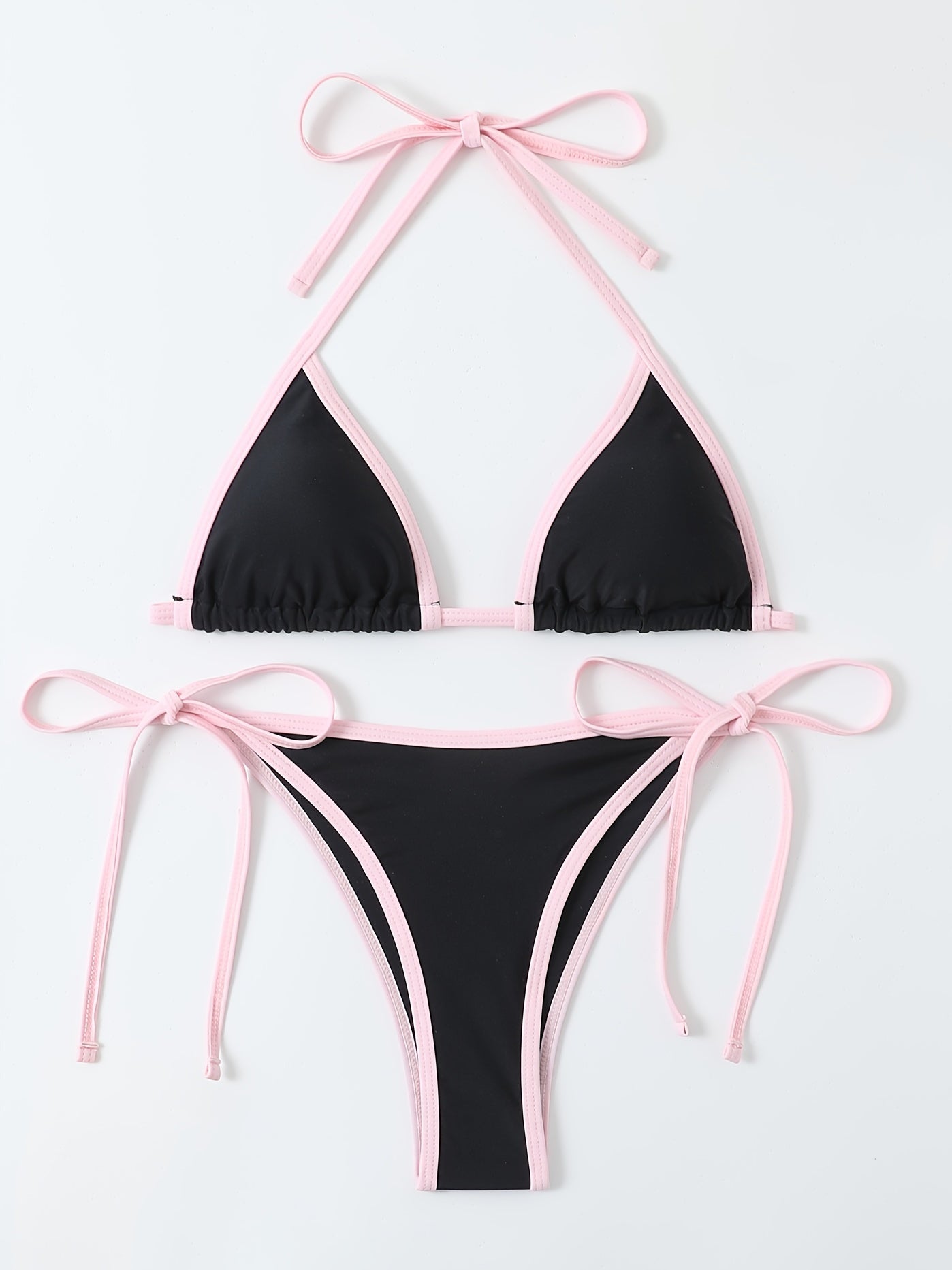 Pink Triangle Halter Neck Two Piece Bikini Sets