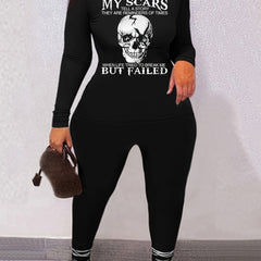 Skull & Letter Print 2pc Set Long Sleeve T-shirt & Leggings Outfit