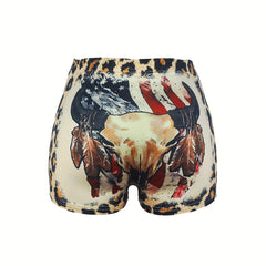 Bull Skull & Leopard Print Skinny Shorts for Women