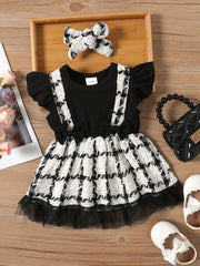 Baby Girl Plaid Flying Sleeves Bow Tie Casual Pleated Skirt Dress