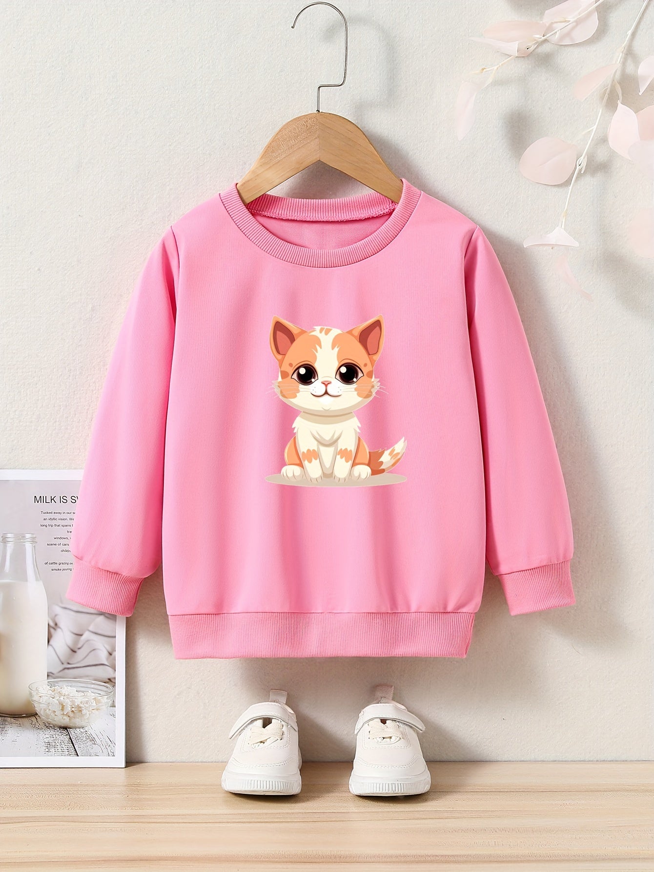 Cartoon Cat Print Girls Sweatshirt Long Sleeve Crew Neck Tops