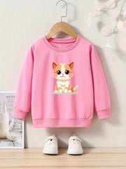 Cartoon Cat Print Girls Sweatshirt Long Sleeve Crew Neck Tops