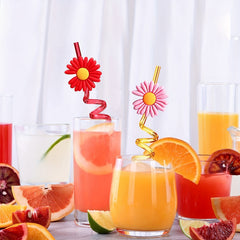 24pcs Daisy Flower Drinking Straws with Cleaning Brush for Summer Birthday Party