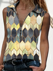 Geo Pattern Collar Tank Top Zip Up Casual Top For Summer