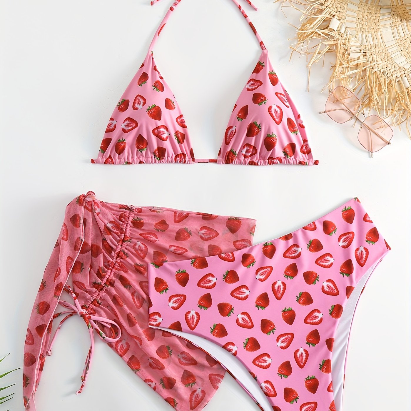 Bikini Set Women's Strawberry Print 3pcs Bikini Set