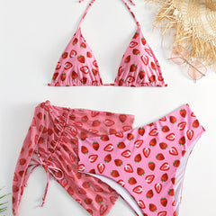 Bikini Set Women's Strawberry Print 3pcs Bikini Set