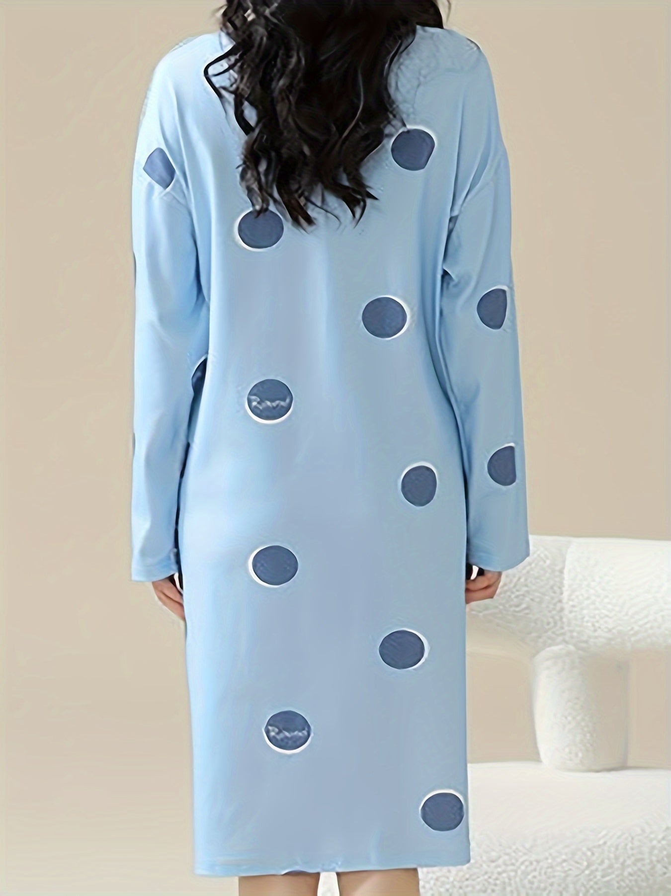 Polka Dot Print NightDress Long Sleeve Pajama Dress