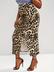 Leopard Print Drawstring Ruched Skirt Bodycon Split Skirt