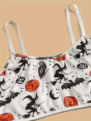 Witch & Bat Print Round Neck Bra & Panty Gothic Lingerie Set