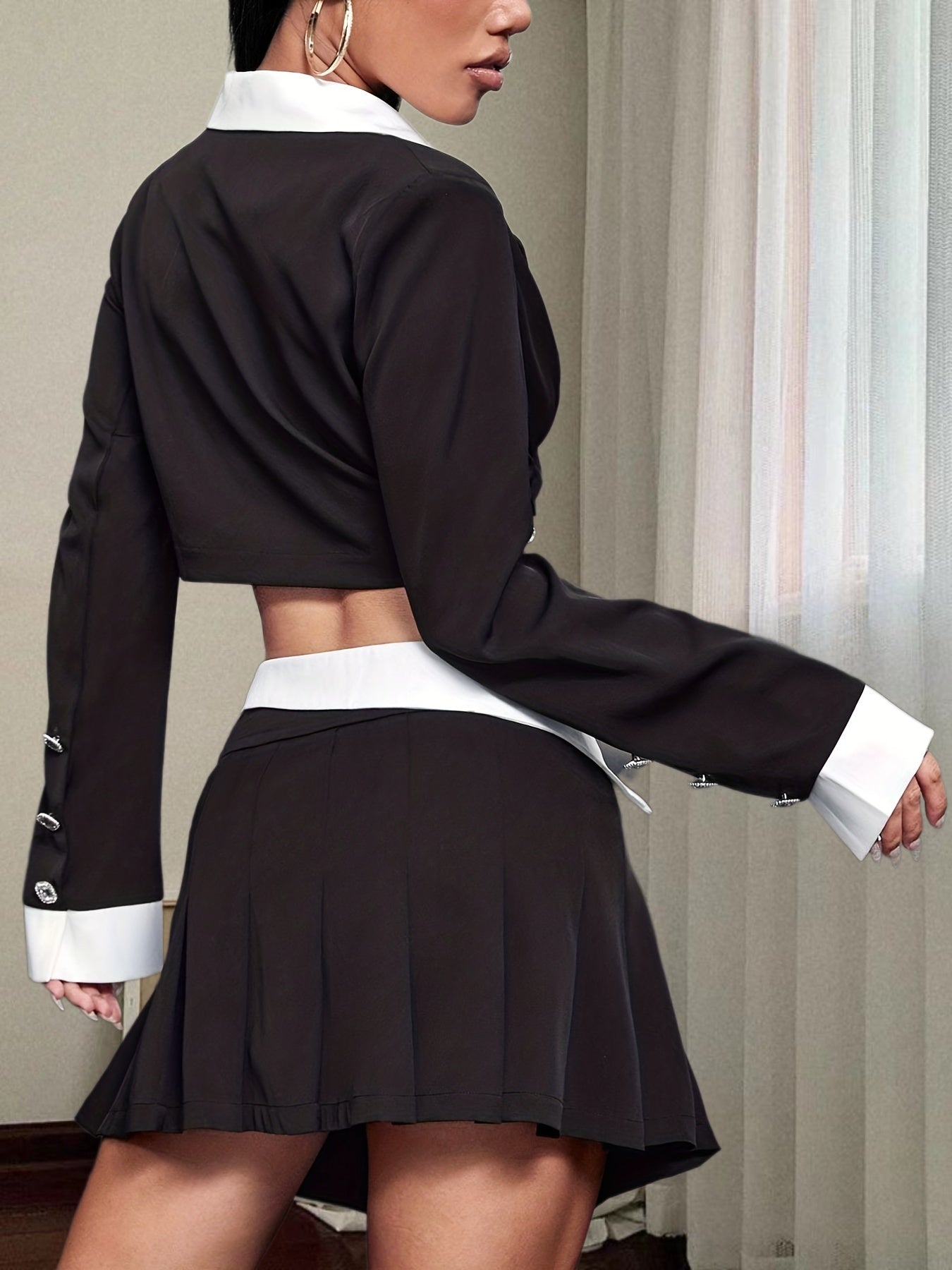 Block Lapel Neck Crop Blazer Y2K Long Sleeve Blazer Women's Clothing