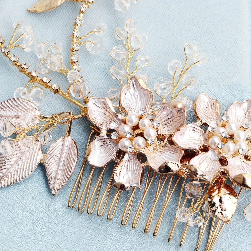 Flower Charm Hair Comb Rhinestone & Faux Pearl Hair Pin Bridal Wedding Headwear