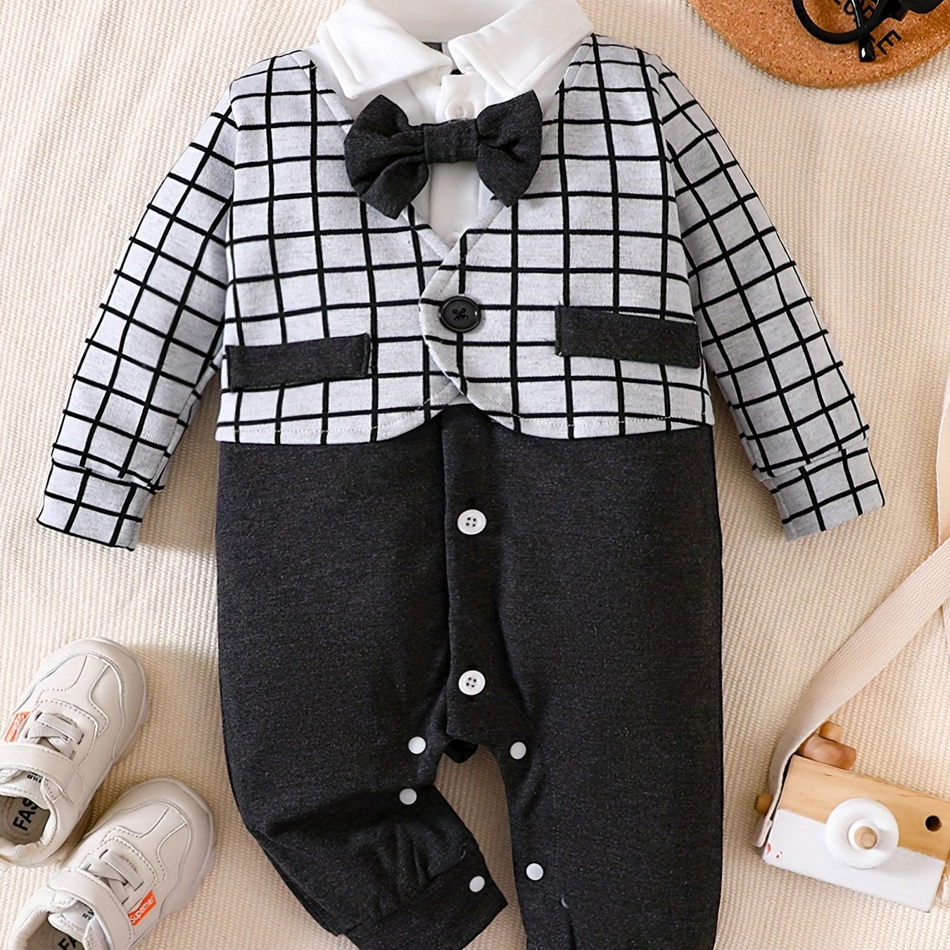 Infant Gentleman Style Romper Baby Boys Contrast Bow Tie Plaid Jumpsuit