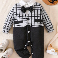 Infant Gentleman Style Romper Baby Boys Contrast Bow Tie Plaid Jumpsuit