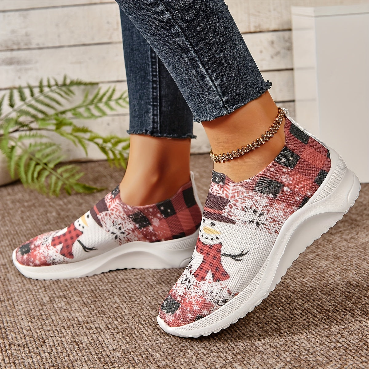 Christmas Snowman Woven Sneakers for Women