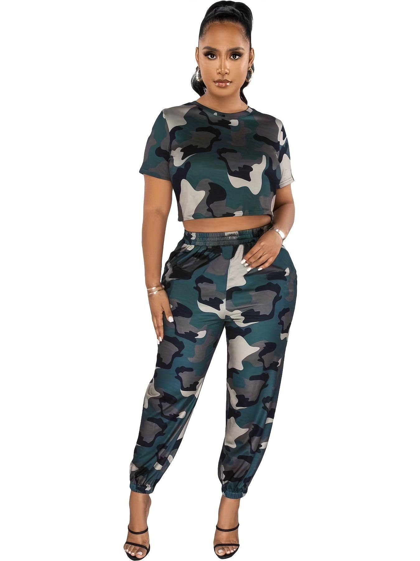 Camo Print Two-Piece Set Short Sleeve Tee & Jogger Pants