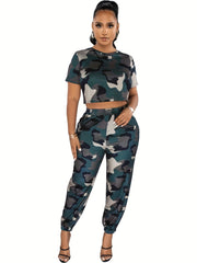 Camo Print Two-Piece Set Short Sleeve Tee & Jogger Pants