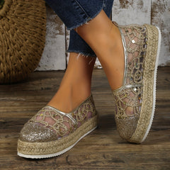 Women's Glitter Platform Espadrille Loafers Slip On Shoes