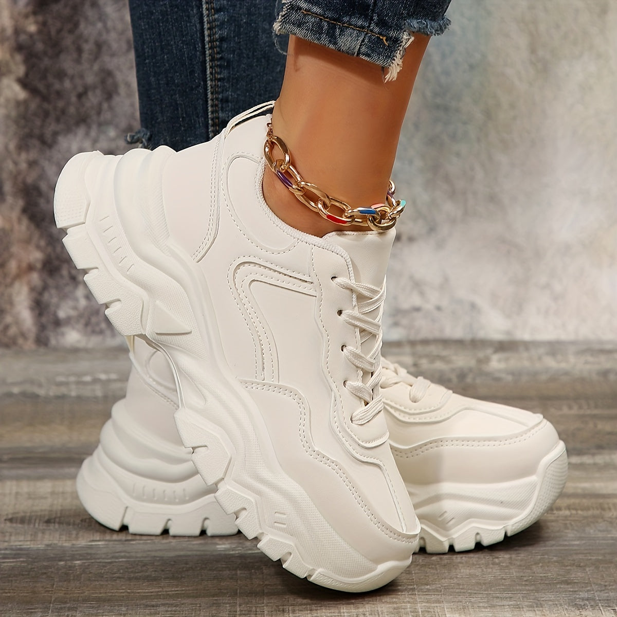 Women's Platform Sneakers Faux Leather Lace Up Trainer Lightweight Shoes