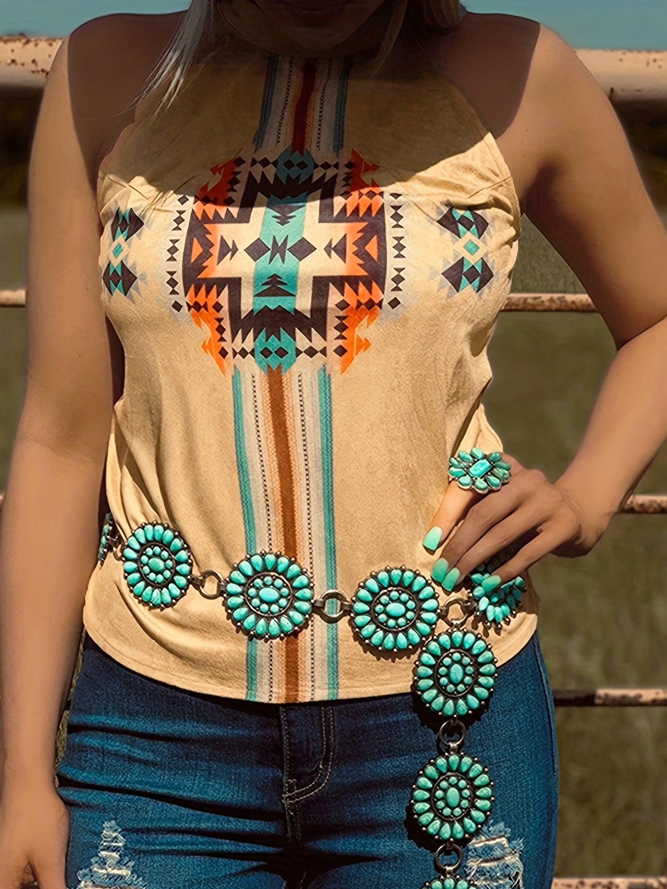 Vintage Graphic Halter Top Sleeveless Casual Tee