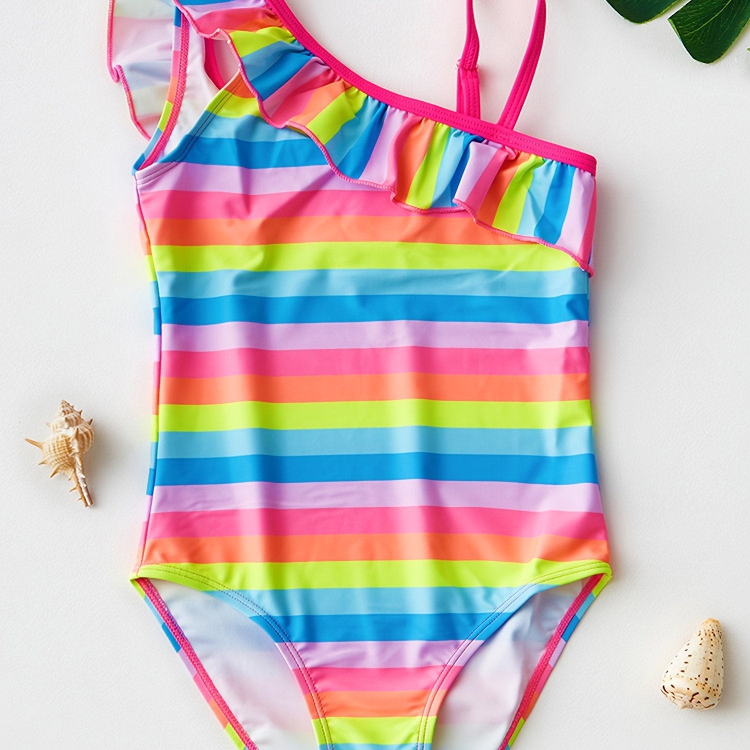 Toddler Girls Rainbow One Piece Swimsuit Ruffle Trim Summer Beach Clothes