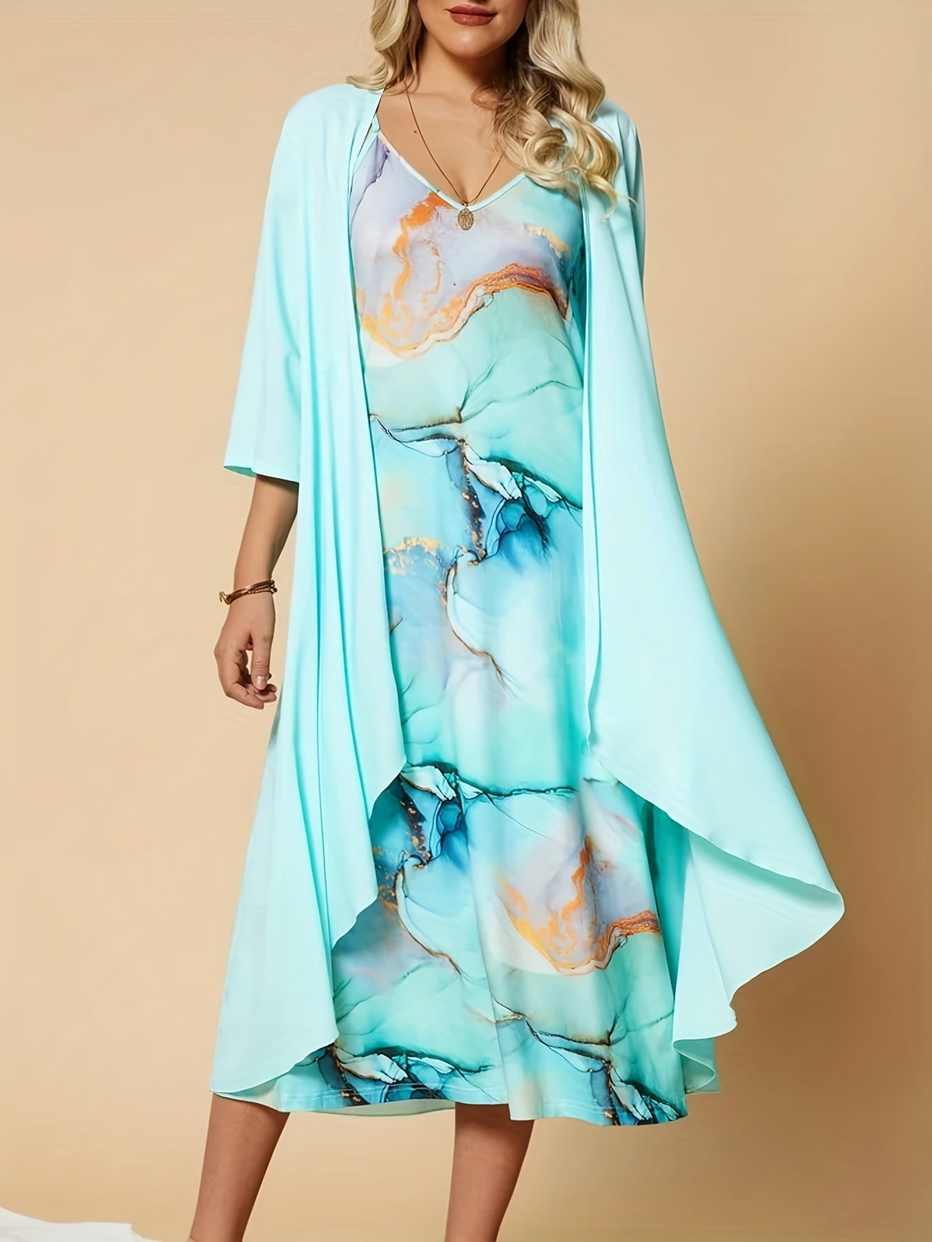 Spring/Summer 2-Piece Set Solid Open Front Coat & Marble Print V-Neck Dress