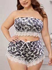 Letter & Cow Print Pajamas Set Women's Lace Trim Bandeau & Shorts 2pcs