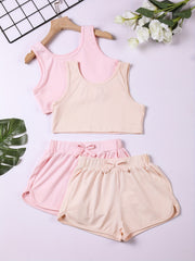 Girls Ribbed Knit Tank Crop Top & Bow Track Shorts Sport Set Kids Summer